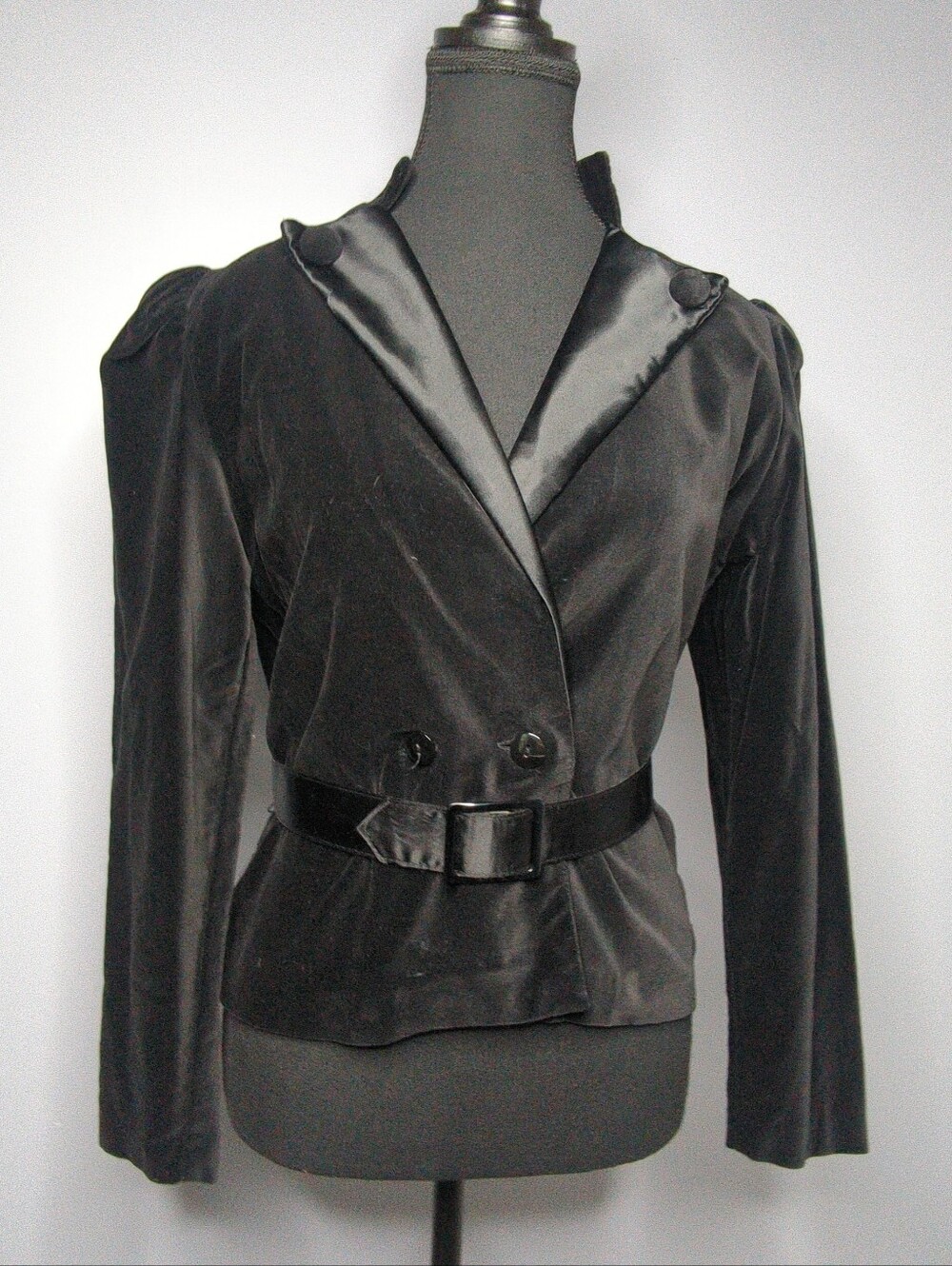 Vintage 90s Encore Black Velvet Cinch-Belt Blazer Evening Jacket - Size 7